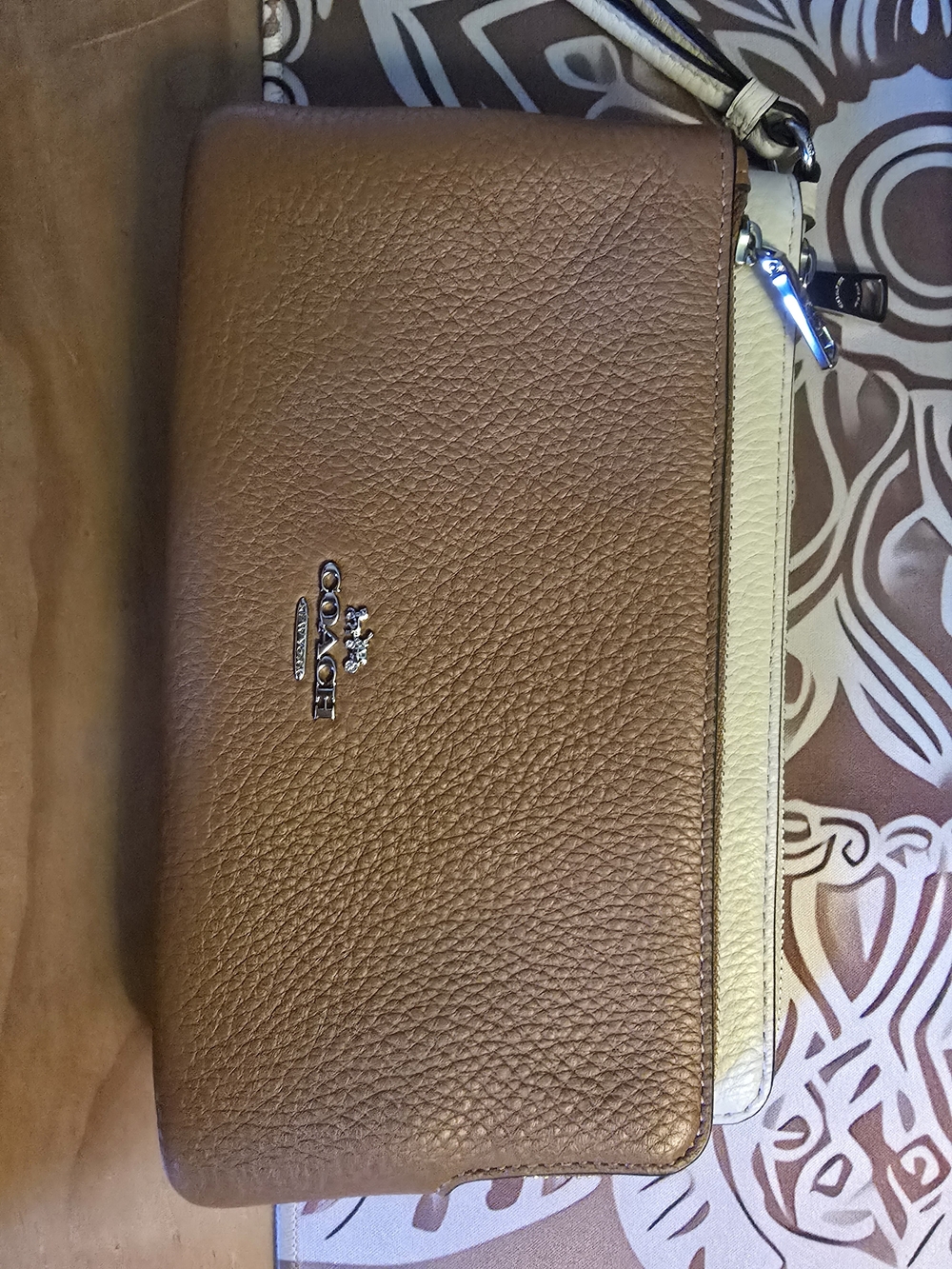 Coach Two-Tone Pebbled Leather Double Zip Wristlet in Brown and Cream